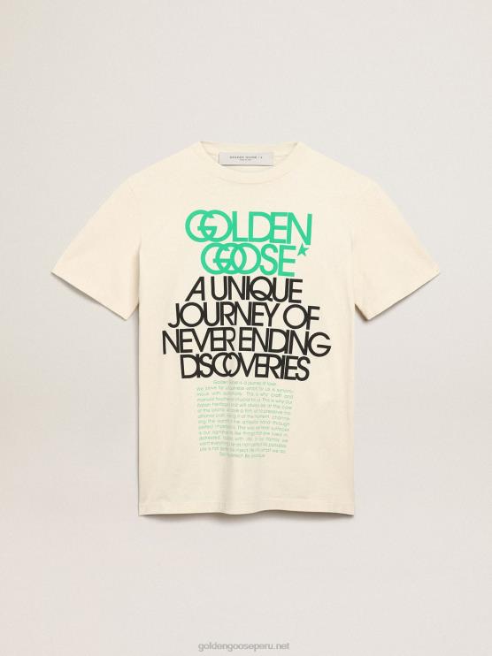 FDVPX993 Golden Goose mujer camiseta de la colección Journey en blanco hueso con letras en negro y verde brillante en la parte delantera
