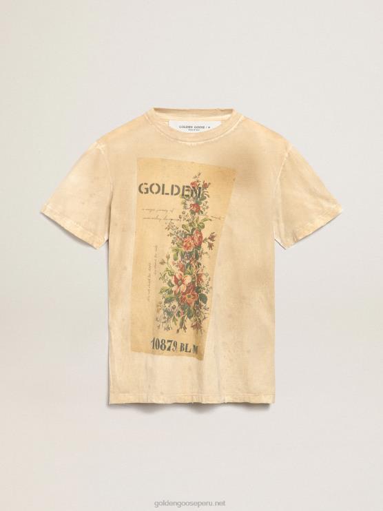 FDVPX995 Golden Goose mujer Camiseta de la colección Journey en blanco hueso efecto papel con estampado floral en la parte delantera.