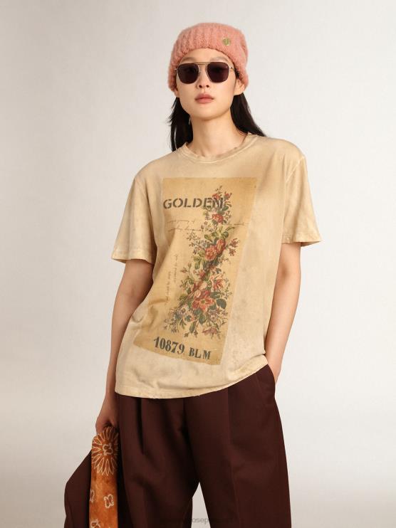 FDVPX995 Golden Goose mujer Camiseta de la colección Journey en blanco hueso efecto papel con estampado floral en la parte delantera.