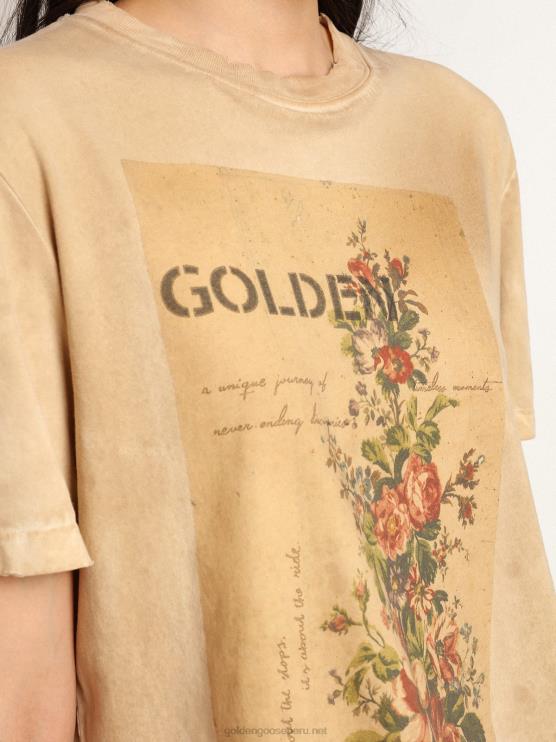 FDVPX995 Golden Goose mujer Camiseta de la colección Journey en blanco hueso efecto papel con estampado floral en la parte delantera.