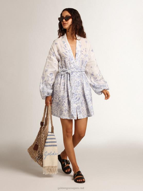 FDVPX1009 Golden Goose mujer Vestido mini resort collection de lino con estampado azul mediterráneo