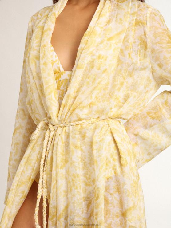 FDVPX1010 Golden Goose mujer Vestido caftán de mezcla de lino con estampado amarillo limón de Resort Collection