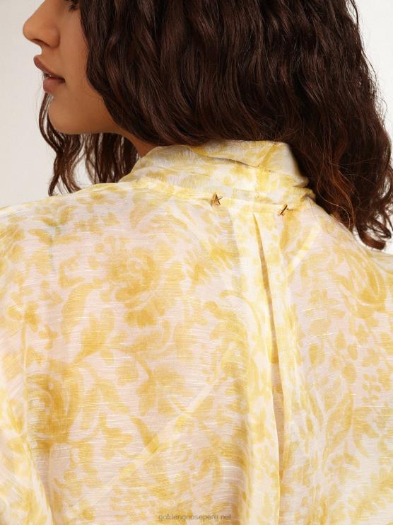 FDVPX1010 Golden Goose mujer Vestido caftán de mezcla de lino con estampado amarillo limón de Resort Collection