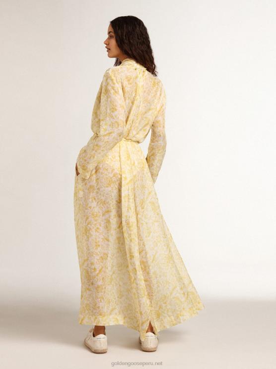 FDVPX1010 Golden Goose mujer Vestido caftán de mezcla de lino con estampado amarillo limón de Resort Collection