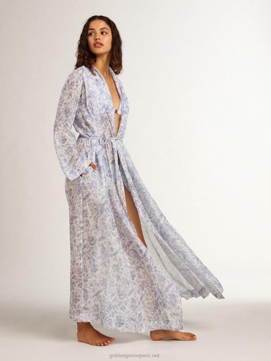 FDVPX1018 Golden Goose mujer Vestido caftán de mezcla de lino con estampado azul mediterráneo de Resort Collection
