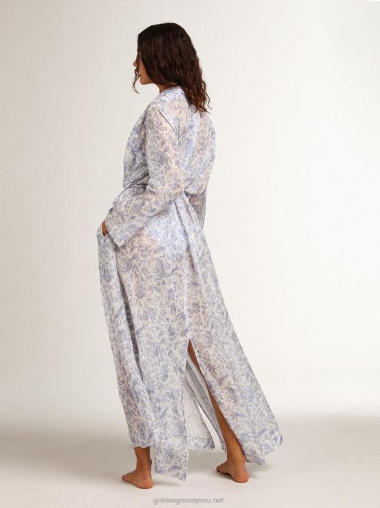 FDVPX1018 Golden Goose mujer Vestido caftán de mezcla de lino con estampado azul mediterráneo de Resort Collection
