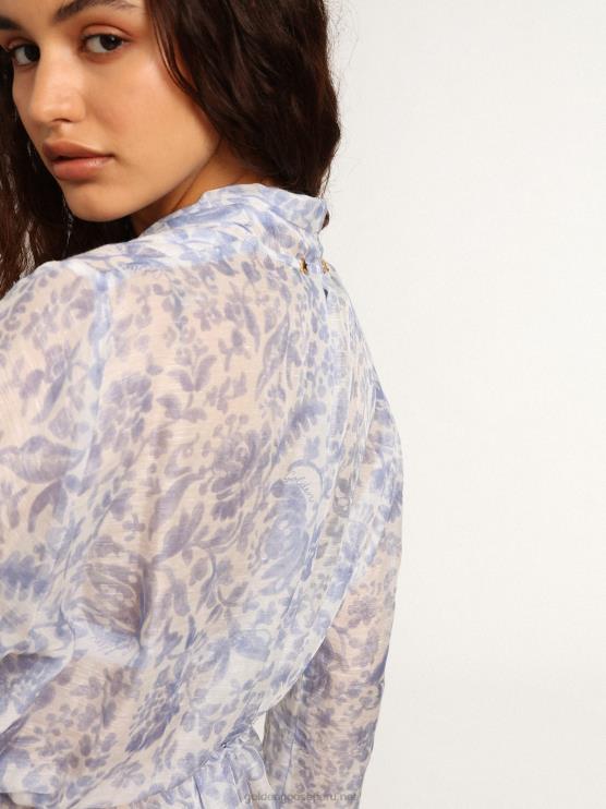 FDVPX1018 Golden Goose mujer Vestido caftán de mezcla de lino con estampado azul mediterráneo de Resort Collection