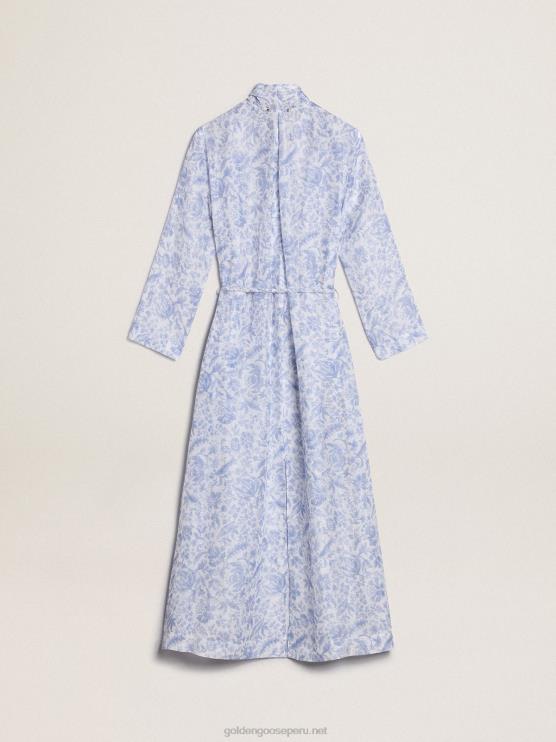 FDVPX1018 Golden Goose mujer Vestido caftán de mezcla de lino con estampado azul mediterráneo de Resort Collection