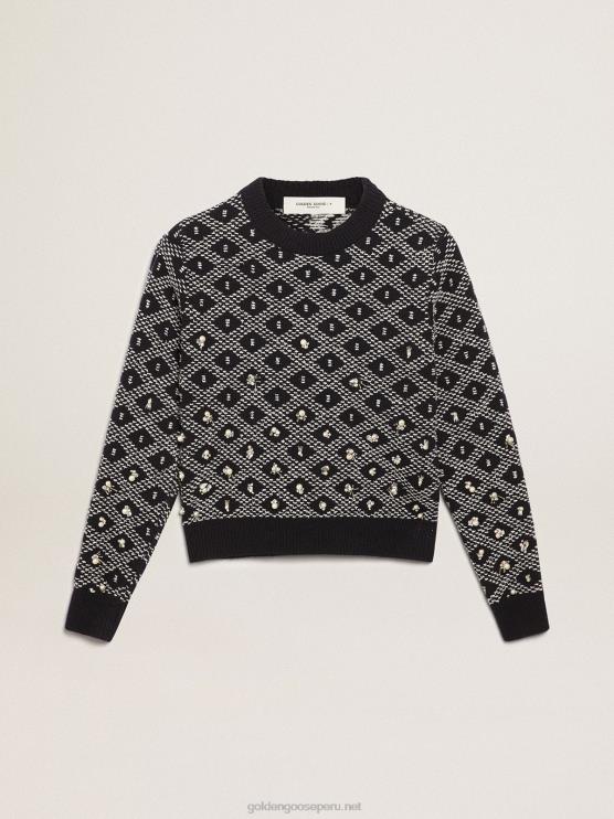 FDVPX1001 Golden Goose mujer Jersey de cuello redondo de la colección Journey con estampado geométrico azul y blanco y detalle de abalorios.