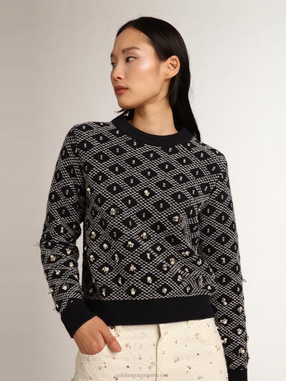 FDVPX1001 Golden Goose mujer Jersey de cuello redondo de la colección Journey con estampado geométrico azul y blanco y detalle de abalorios.