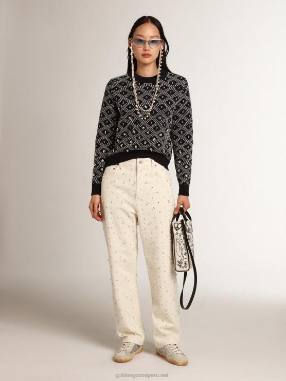 FDVPX1001 Golden Goose mujer Jersey de cuello redondo de la colección Journey con estampado geométrico azul y blanco y detalle de abalorios.