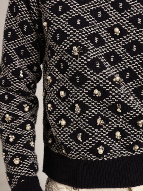 FDVPX1001 Golden Goose mujer Jersey de cuello redondo de la colección Journey con estampado geométrico azul y blanco y detalle de abalorios.