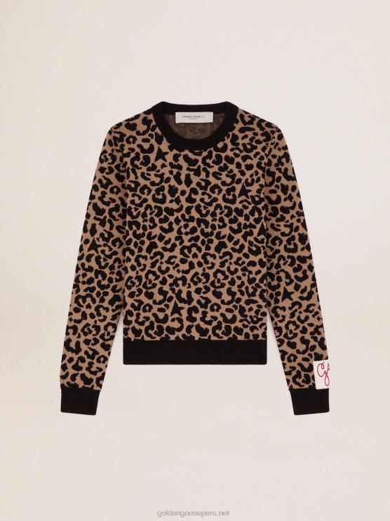 FDVPX1026 Golden Goose mujer Jersey de cuello redondo de lana con estampado animal jacquard