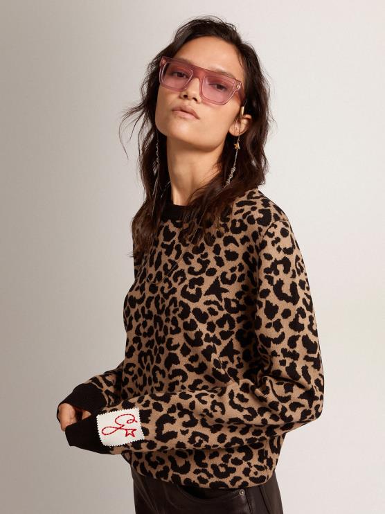 FDVPX1026 Golden Goose mujer Jersey de cuello redondo de lana con estampado animal jacquard