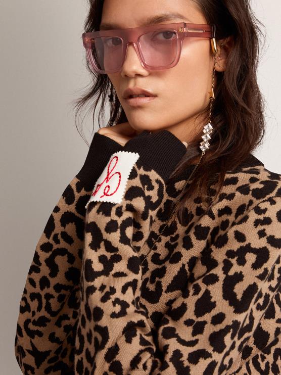 FDVPX1026 Golden Goose mujer Jersey de cuello redondo de lana con estampado animal jacquard