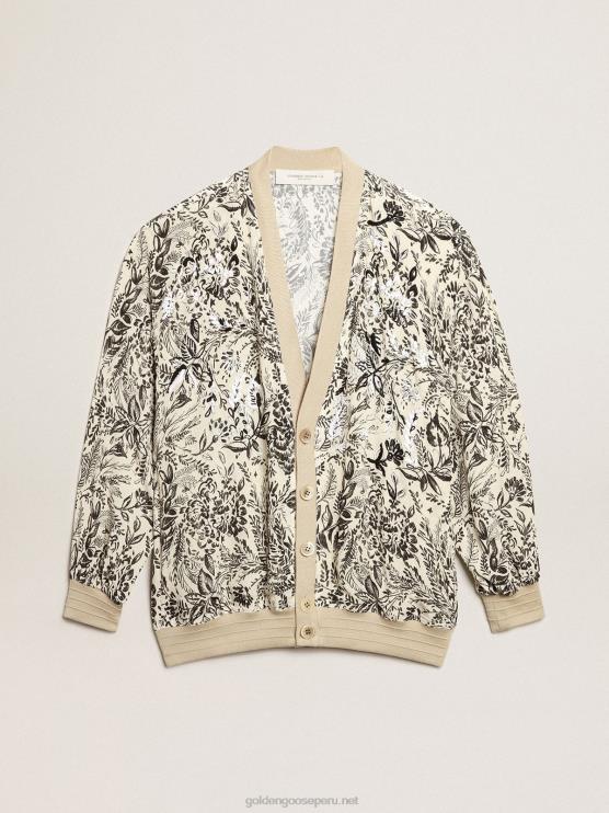 FDVPX1047 Golden Goose mujer cárdigan de viscosa blanca con estampado de toile de jouy y bordado