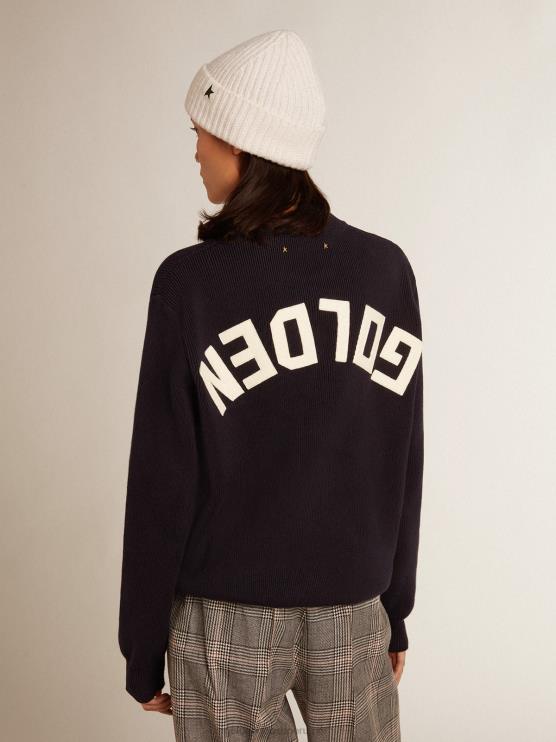 FDVPX1056 Golden Goose mujer jersey de cuello redondo de algodón azul oscuro con logo en la espalda