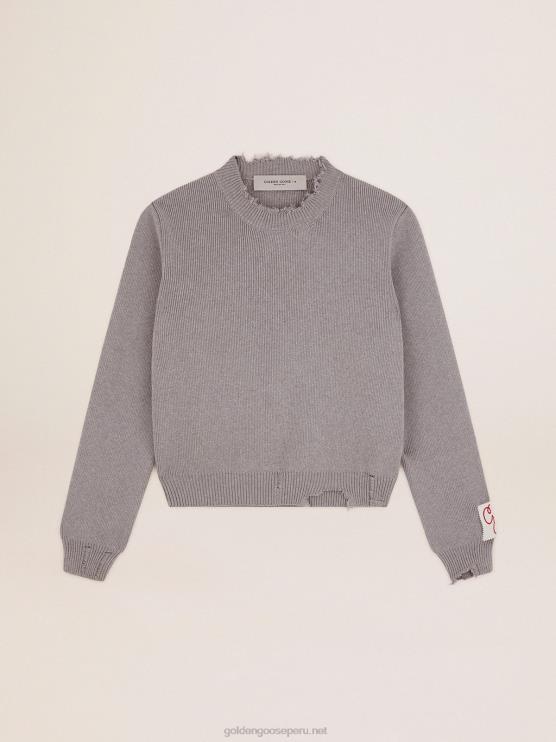 FDVPX928 Golden Goose mujer Jersey de cuello redondo de algodón gris con tratamiento desgastado