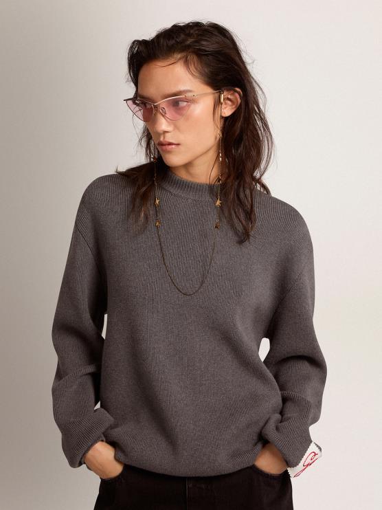 FDVPX930 Golden Goose mujer jersey de cuello redondo de algodón gris oscuro con logo en la espalda