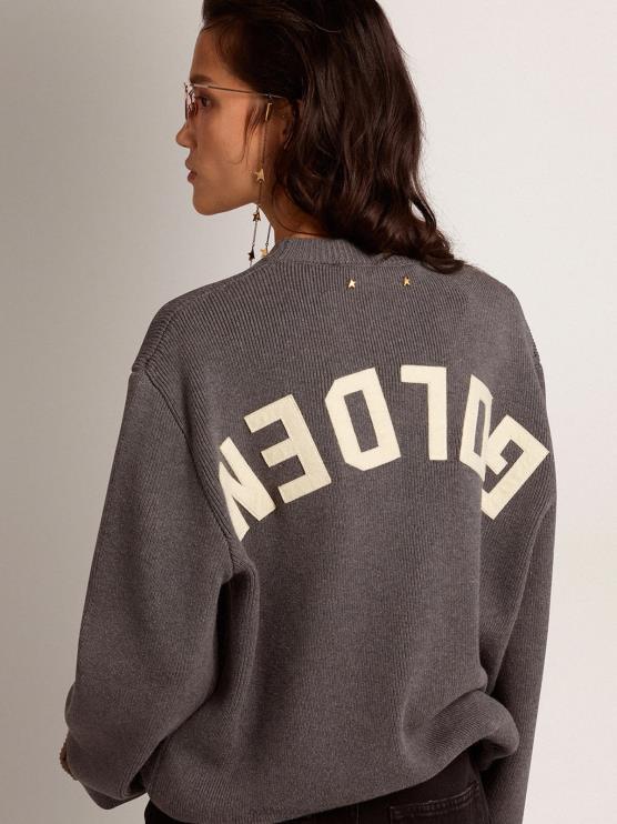 FDVPX930 Golden Goose mujer jersey de cuello redondo de algodón gris oscuro con logo en la espalda