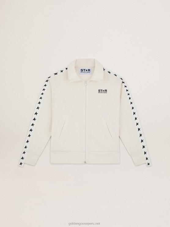 FDVPX935 Golden Goose mujer sudadera blanca con cremallera, franja blanca y estrellas negras