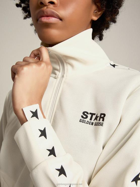 FDVPX935 Golden Goose mujer sudadera blanca con cremallera, franja blanca y estrellas negras
