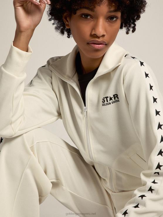 FDVPX935 Golden Goose mujer sudadera blanca con cremallera, franja blanca y estrellas negras