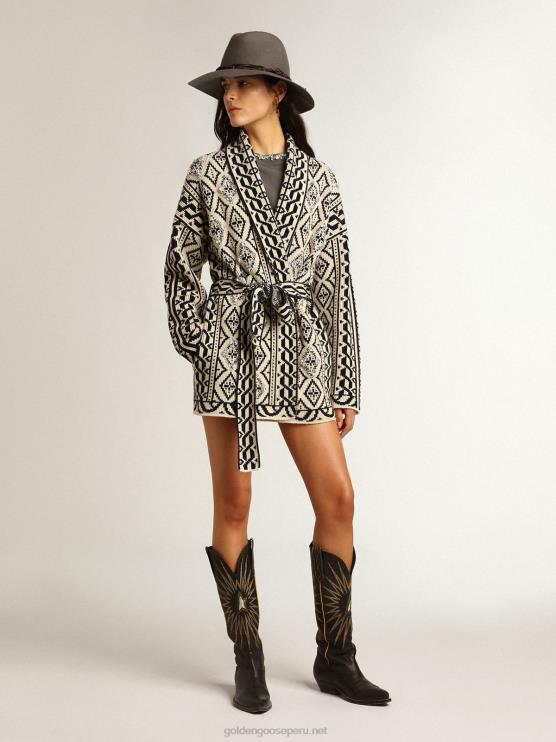 FDVPX946 Golden Goose mujer cárdigan de lana color papiro con motivo jacquard y cristales