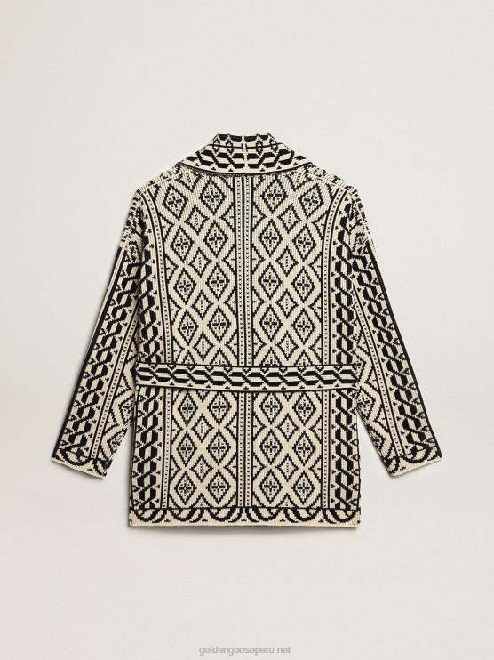 FDVPX946 Golden Goose mujer cárdigan de lana color papiro con motivo jacquard y cristales