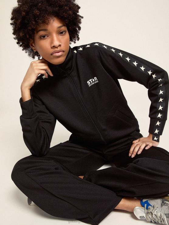FDVPX949 Golden Goose mujer sudadera negra con cremallera y estrellas blancas en contraste
