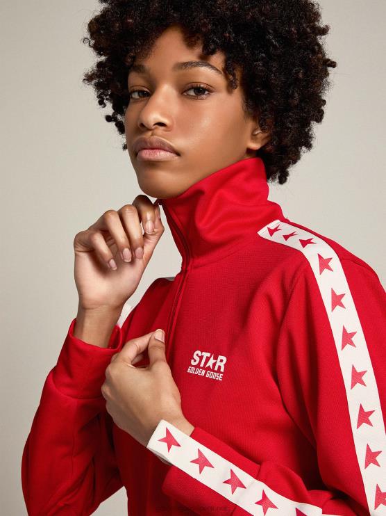 FDVPX954 Golden Goose mujer sudadera roja con cremallera y estrellas rojas en contraste