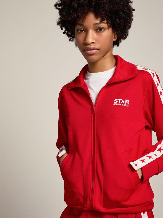 FDVPX954 Golden Goose mujer sudadera roja con cremallera y estrellas rojas en contraste