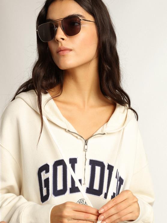 FDVPX955mujer vestido sudadera blanco con capucha y parche dorado