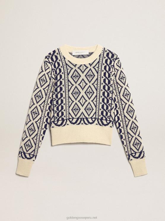 FDVPX962 Golden Goose mujer jersey cropped de cuello redondo con pergamino y estampado geométrico azul