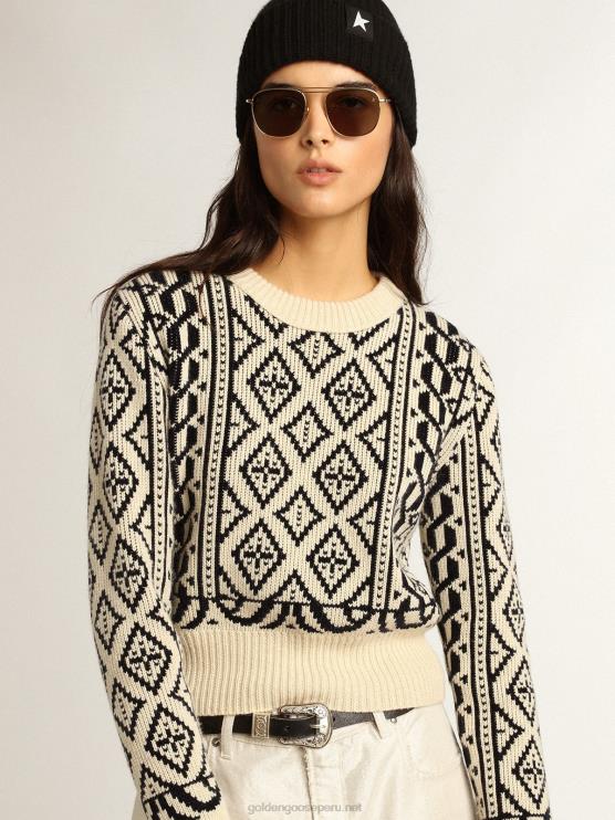 FDVPX962 Golden Goose mujer jersey cropped de cuello redondo con pergamino y estampado geométrico azul