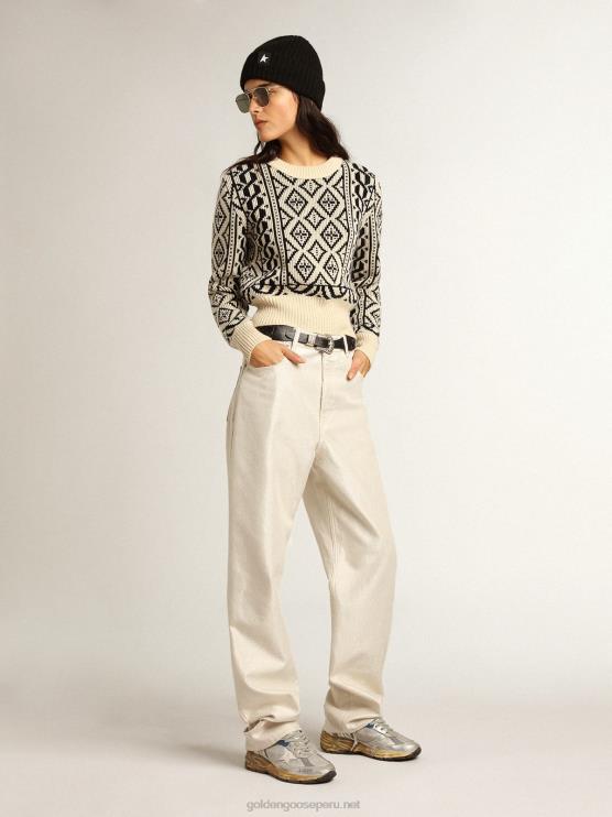 FDVPX962 Golden Goose mujer jersey cropped de cuello redondo con pergamino y estampado geométrico azul
