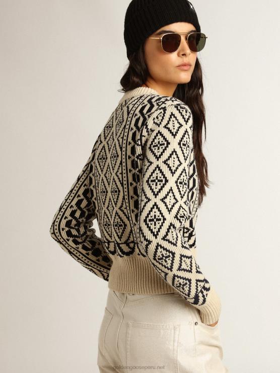 FDVPX962 Golden Goose mujer jersey cropped de cuello redondo con pergamino y estampado geométrico azul