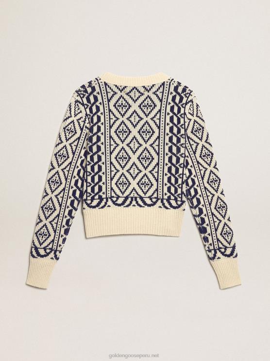 FDVPX962 Golden Goose mujer jersey cropped de cuello redondo con pergamino y estampado geométrico azul