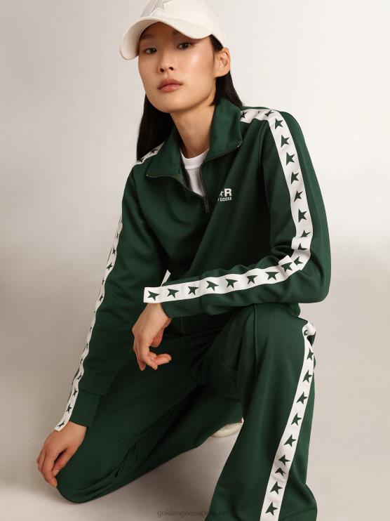 FDVPX967 Golden Goose mujer sudadera verde con cremallera y franja blanca con estrellas a contraste