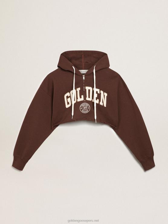 FDVPX989mujer Sudadera corta con capucha de la colección Journey en marrón nogal con letras doradas blancas en contraste