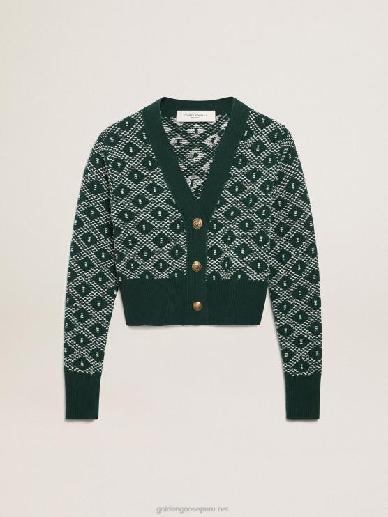 FDVPX997 Golden Goose mujer Cárdigan corto de la colección Journey con estampado de rombos en jacquard verde y blanco.