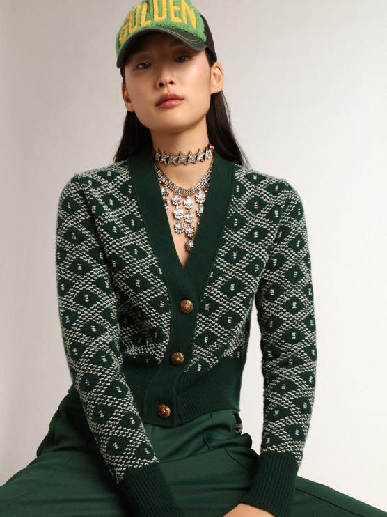 FDVPX997 Golden Goose mujer Cárdigan corto de la colección Journey con estampado de rombos en jacquard verde y blanco.