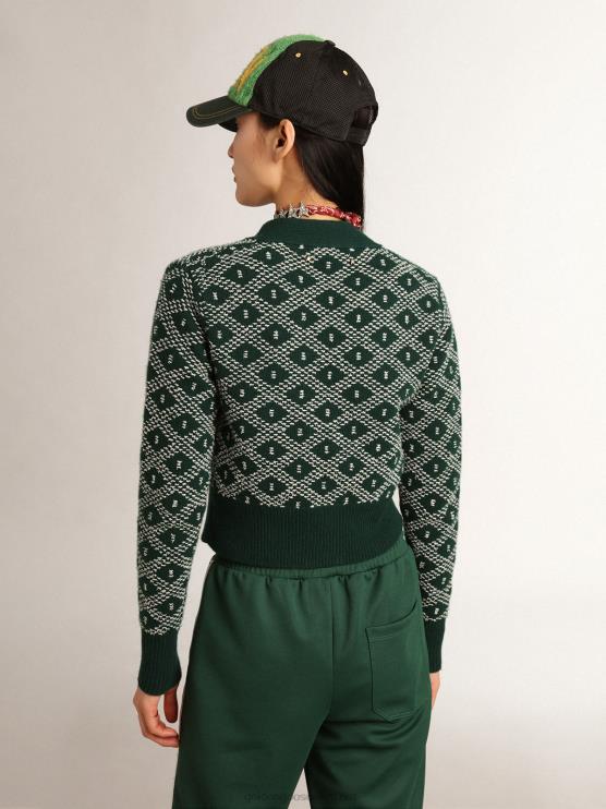 FDVPX997 Golden Goose mujer Cárdigan corto de la colección Journey con estampado de rombos en jacquard verde y blanco.