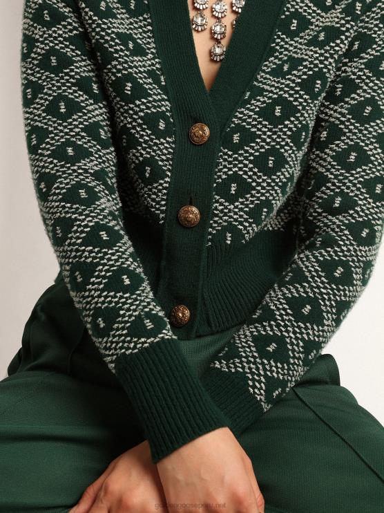 FDVPX997 Golden Goose mujer Cárdigan corto de la colección Journey con estampado de rombos en jacquard verde y blanco.