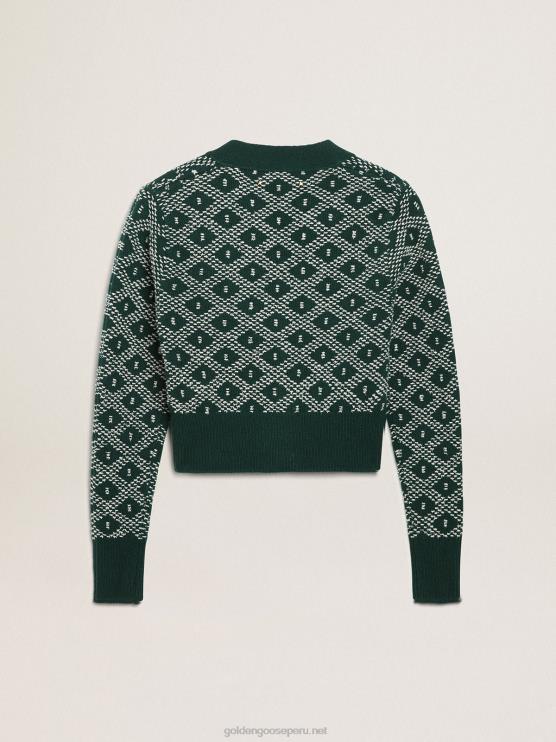FDVPX997 Golden Goose mujer Cárdigan corto de la colección Journey con estampado de rombos en jacquard verde y blanco.