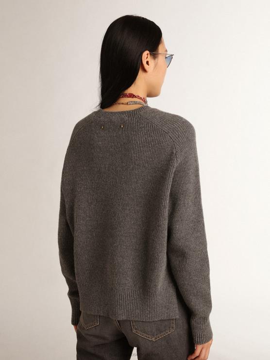 FDVPX999 Golden Goose mujer Jersey de cuello redondo de la colección Journey en gris melange con letras brillantes