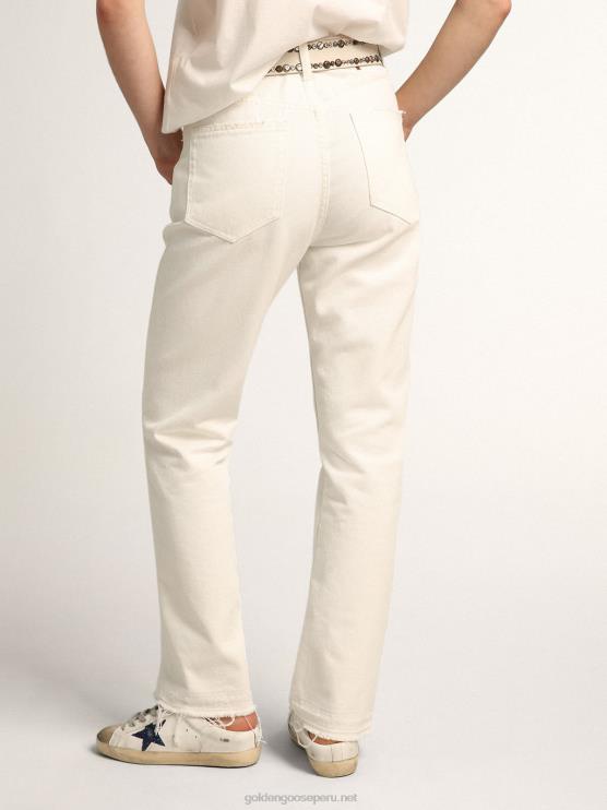 FDVPX1013 Golden Goose mujer Pantalón cropped de la colección Journey en denim toro blanco con bajo con efecto desgastado