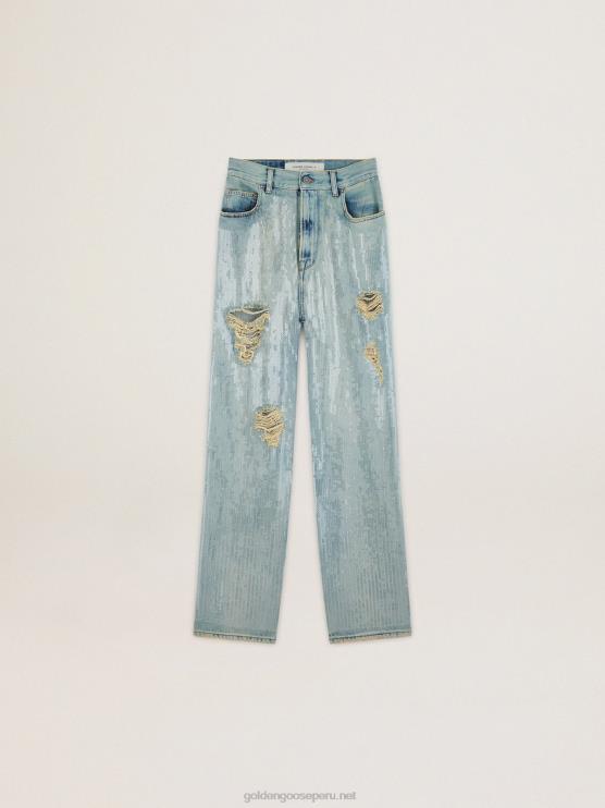 FDVPX1017 Golden Goose mujer Vaqueros de la colección Journey en denim azul claro con efecto envejecido y lentejuelas por toda la prenda