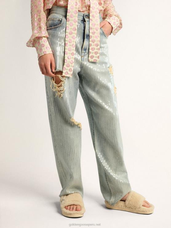FDVPX1017 Golden Goose mujer Vaqueros de la colección Journey en denim azul claro con efecto envejecido y lentejuelas por toda la prenda