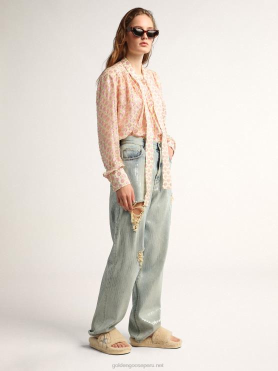FDVPX1017 Golden Goose mujer Vaqueros de la colección Journey en denim azul claro con efecto envejecido y lentejuelas por toda la prenda